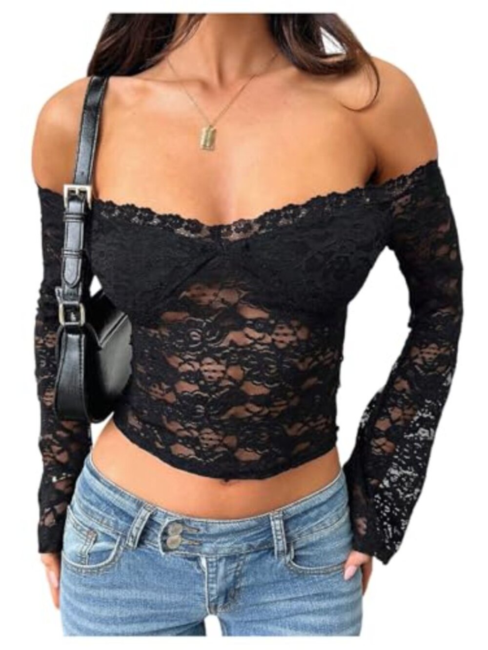 Off Shoulder Crop Top Floral Lace Long Sleeve Mesh Tee Stretchy Fitted